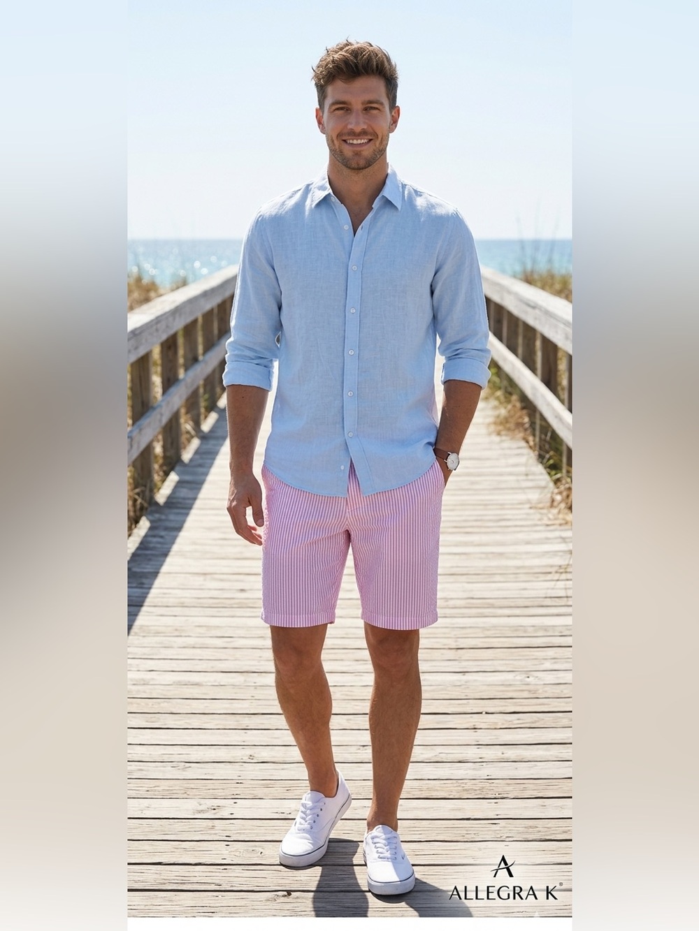 Allegra K Men Pink & White Vertical Stripe Seersucker Shorts Size 34